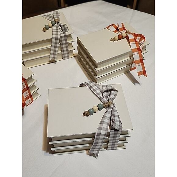 Set of 4 Stacked Faux Book Farmhouse Fall Decor Ribbon Wrapped Beads 5.75x4x3" - Picture 6 of 7